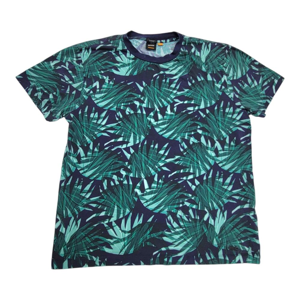BOSS Hugo Boss Mens M Pima Cotton Tropical Palm Leaf Print T-Shirt Green Navy